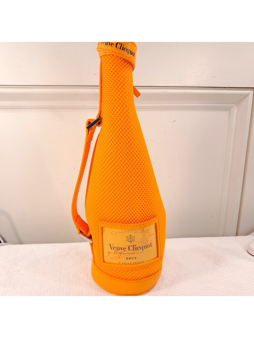 Veuve Clicquot Champagne Bottle Jacket Insulated Zippered Tote Orange mesh Coozy